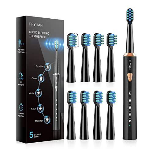 PHYLIAN Sonic Electric Toothbrush for Adults - High Power Rechargeable Toothbrushes H7 with 8 Brush Heads, 5 Modes, 3 Hours Fast Charge for 120 Days, Smart Timer Gold