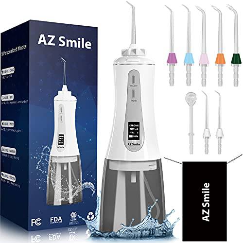 AZ Smile Dental Flossers Cordless for Teeth Cleaning, 350ML Portable Oral Irrigator with 5 Modes 8 Jet Tips OLED Display, Rechargeable Teeth Cleaner with Detachable Water Tank for Home Travel Shower