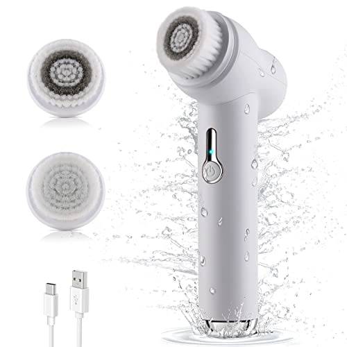 NEWDERMO Skin Revitalizing Facial Cleansing Brush - Face Spin Rotating Scrubber 2 Brush Heads, 3 Modes for Face Gentle Exfoliation and Deep Scrubbing Holiday Day Gifts Set (White)