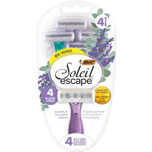 BIC Soleil Escape Women’s Disposable Razors, 4 Blade Ladies Razors, Moisture Strip With 100% Natural Almond Oil, Lavender and Eucalyptus Scented Handles, 4 Pack