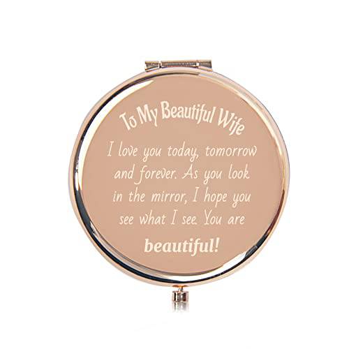 REHALY Romantic Gift for Wife, Christmas Anniversary Valentines Gifts for Beautiful Wife from Husband, Rose Gold Compact Mirror for Women, Cute Birthday Wedding for Wife Her