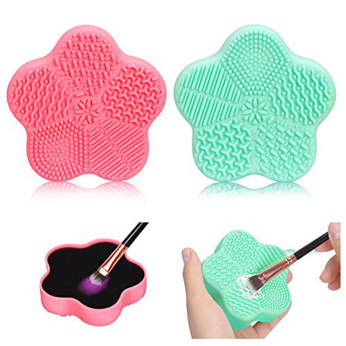 Unaone 2 Pcs Makeup Brush Cleaning Mat, Cosmetic Brush Cleaning Pad with Color Removal Sponge, 2 in 1 Design Silicone Cleaner Box for Dry Brush Color Switch and Wet Cleaning, Flower Green & Pink