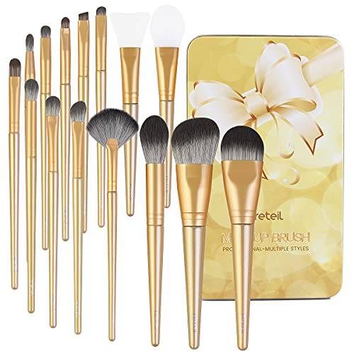 Makeup Brushes Set, 15 Pcs Professional Makeup Brushes Premium Synthetic Eye Makeup Contour Foundation Powder Face Mask Brushes set, Gift Box(Champagne Gold)