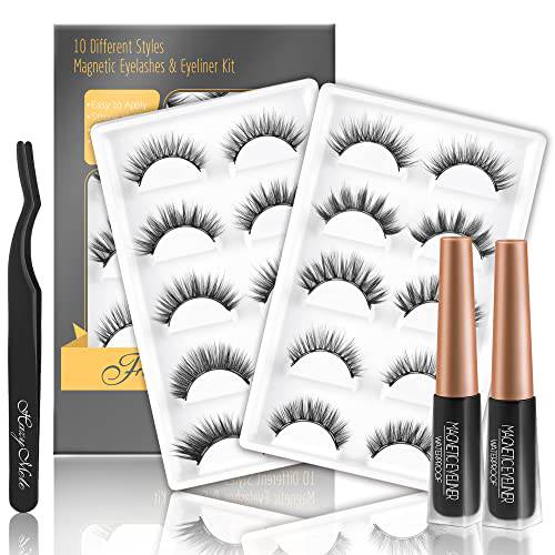 Magnetic Eyelashes with Eyeliner Kit, Magnetic Lashes, 10 Pairs False Eyelashes+2 Tube Magnetic Eyeliners+Tweezer Applicator, Strong Hold, Reusable and Easy to Wear, No Glue Needed