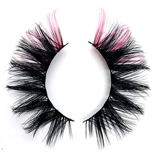 Color Eyelashes 20mm Mink Lashes 3D Natural Wispy Long Thick Full Volume Strip Eye Lashes (Pink Style-01)