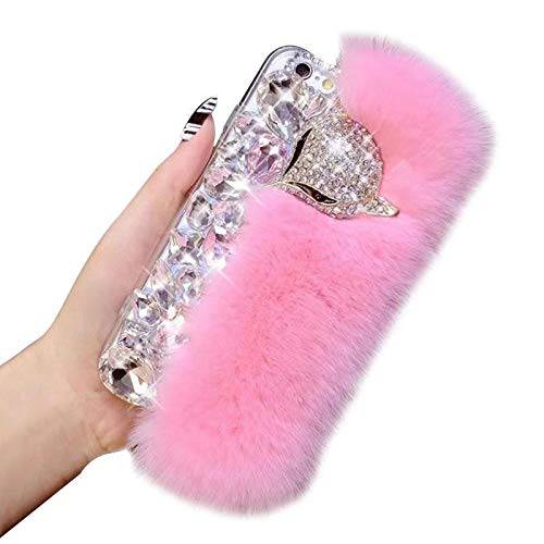Jorisa Plush Case for Samsung Galaxy S21 Ultra 5G,Cute Glitter Sparkle Diamond 3D Fox Winter Warm Fluffy Rabbit Fur Hair Furry Case Shiny Crystal Rhinestone Gems Soft Silicone Cover,Pink