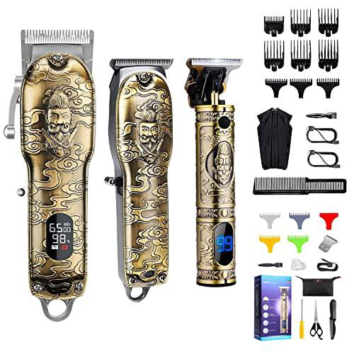 Hair Clippers and Trimmers Set of 3, Suttik Professional Cordless Hair Clippers for Men, Barber Clippers for Hair Cutting with T-Blade Trimmer Set, Beard Trimmer for Men, LED Display, Gold
