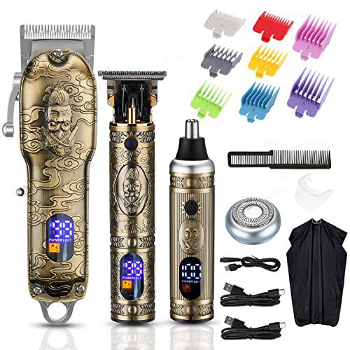 Dumite Hair Clippers for Men,Hair Trimmer Nose and Ear Hair Trimmer Clipper Set with Razor Replacement Head,USB Professional Rechargeable T-Blade Hair Cutting Grooming Kit LED Display (Gold)