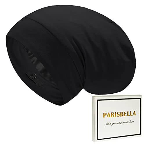 Satin Lined Sleep Cap Bonnet for Curly Hair and Braids, Stay On All Night Hair Wrap with Adjustable Strap for Women and Men, Black, Pack of 1
