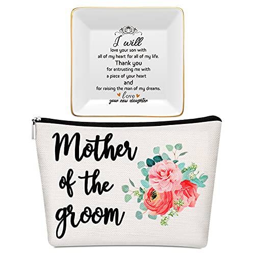 Mother Of The Bride Groom Wedding Makeup Bag Mom Makeup Pouch Flower Pattern Makeup, Mother Jewelry Tray Ceramic Jewelry Holder Dish Trinket Box Bridal Ring Holder for Women(Mother of the Groom A)