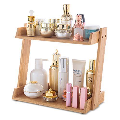 GOBAM Bamboo Makeup & Countertop Organizer, Small - 2 Layer Cosmetics, Lipsticks, Jewelry, Brushes, Hair Accessories & Perfume Organizer for Dresser, Easy Assembly - Natural