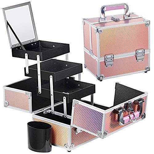 Frenessa Makeup Train Case Portable Makeup Organizer Case 3 Trays with Brush Holder, Mirror Cosmetic Storage Travel Box for Cosmetologist, Nail Tech Students, Makeup Tools Makeup Case Box Shiny Mermaid