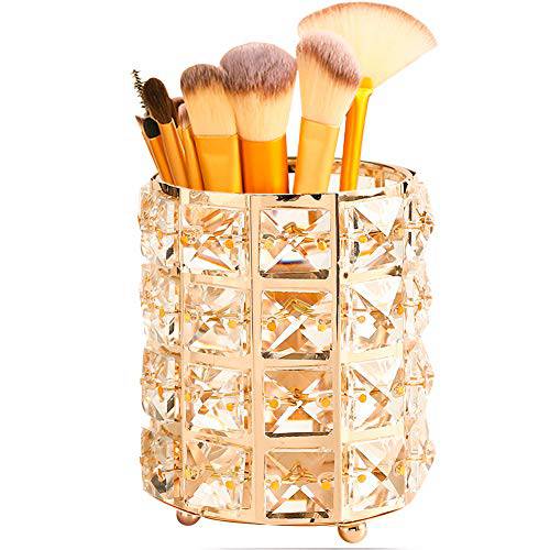 Tasybox Crystal Makeup Brush Holder Organizer, Handcrafted Cosmetics Brushes Cup Storage Solution (Gold)