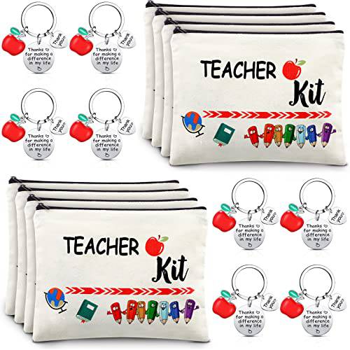 16 Pcs Teacher Appreciation Gift Set 8 Teacher Kit Makeup Cosmetic Bags and 8 Teacher Keychains, Christmas Thank You Gifts for Teacher(Elegant Style)