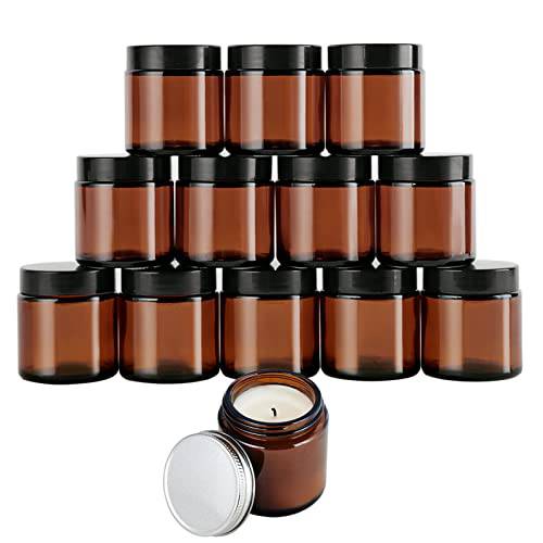 12 Pack, 4OZ Amber Round Glass Jars with 24 Lids, Empty Cosmetic Containers with Inner Liners, 12 Black Lids & 12 Silver Metal Lids for Beauty Products, Cosmetic, Lotion, Powders, Ointments