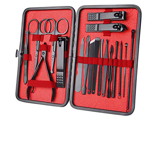 Manicure Set, 18 in Stainless Steel Professional Pedicure Kit, Nail Scissors Grooming Kit with Black Leather Travel Case