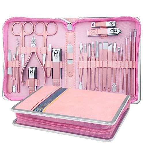 26 in 1 Manicure Set - Professional Manicure Kit Pedicure Kit, Stainless Steel Nail Clippers Set Nail Care Kit with Travel Case Pink