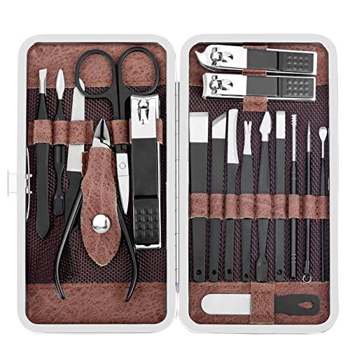 Yougai Manicure Set 18 pcs Professional Nail Clippers Pedicure Kit, Stainless Steel Pedicure Set Nail Grooming Kit Tools with Luxurious Travel Case(Brown)