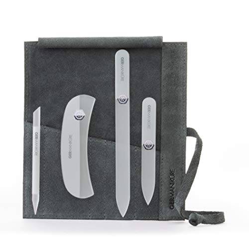GERMANIKURE Crystal Glass Nail File Set in Light Gray Suede Case – Handmade in Czech Republic – Professional Manicure & Pedicure Supplies – Glass Cuticle Stick, Pusher, Moon File