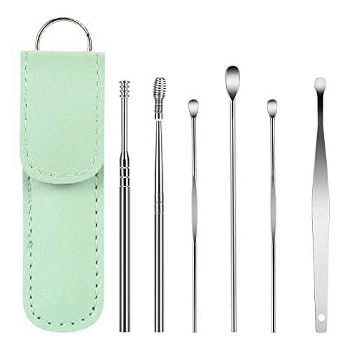 OMIMXAI Earwax Removal Kit,Ear Care Set 6-in-1 Ear Cleaner Wax Removal Tool Earwax Remover Curette Ear Pick Cleaning Ear Cleanser Spoon with PU Leather
