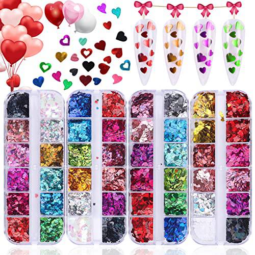 48 Color Heart Shape Nail Art Glitter Sequins, Gorvalin Holographic Heart Design Nail Sequins Sparky Valentine Nail Art Decorations Heart for Acrylic Nails Face Body Makeup