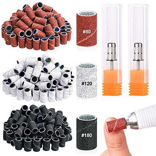 PAGOW 302Pcs Nail Sanding Bands, Electric Art Sanding Bands with Nail Drill Bits Set, Professional 80 120 180 Grit Nail Manicure Polisher with 2 Pieces 3/32 Inch Nail Drill Bits
