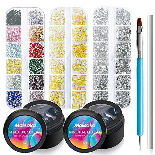 Molisaka Nail Rhinestone Glue Gel Kit, Crystals Flatback Clear Rhinestones for Nails Decorations Gems, Bling Colored Diamonds for Acrylic Nails Design Accessories with Gold 3D Nail Charms Jewels