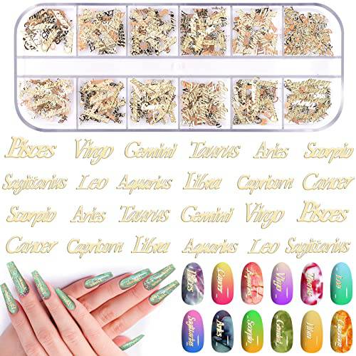 12 Boxes Gold Zodiac Twelve Constellation Nail Charms EBANKU Metal Word Message Punk 3D Charms for Nail Design Letters Nail Sequins Decoration
