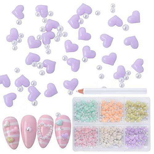 WEILUSI Mixed Macaron Color 3D Heart Nail Charms Pearl Nail Ball Beads - Acrylic Resin Heart and Mermaid Beads Stud Nail Art Decorations 3D Nail Design Decals DIY Manicures Accessories