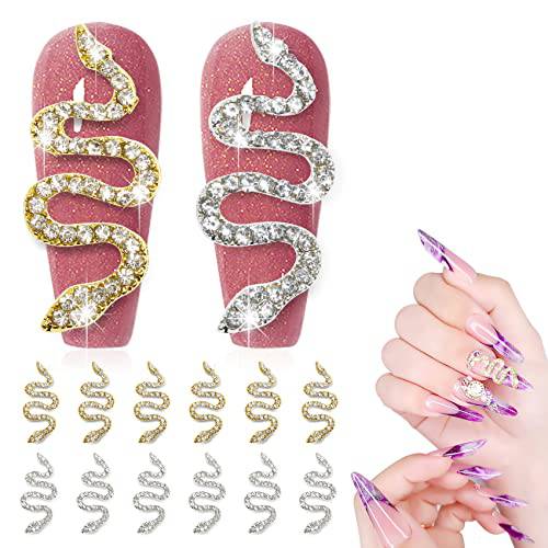 12 Pieces Snake Shape Nail Charms with Rhinestone, 3D Nail Art Metal and Diamond Set Retro Nail Jewelry Accessories for DIY Crafts Nail Art Decorations(Gold & Silver)