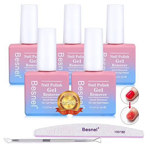 Besnel Gel Nail Polish Remover 5 Pack Professional Gel Polish Remover Non-Irritating Quick Easy，Nail Polish Gel Remover Tools Kit Nail File Cuticle Pusher Nail File Grit, Gel Polish Remover No Hurt Nails No Need For Foil Soaking Or Wrapping