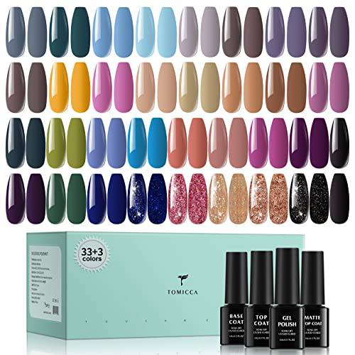 TOMICCA Gel Nail Polish Kit 36 PCS, 33 Colors All Seasons Nude Blue Pink Purple Pink Champagne Glitter Gel Polish with Base & Glossy and Matte Top Coat Home DIY Nail Manicure Gift for Women