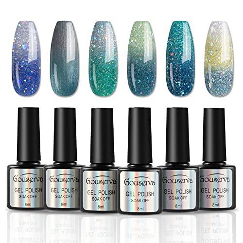 Gouserva Mood Gel Nail Polish Set -Temperature Color Changing Gel Colors Collection Glitter Gel Polish Soak Off 6 Colors color changing gel nail polish ,Holiday DIY at Home. 0.27 Fl Oz (Pack of 6)