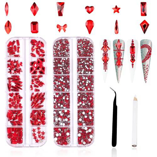 3120Pcs Professional Nail Art Rhinestones Kit for Nail, HOINCO Red Rhinestones for Nails, Crystal Multi Shape Diamond Nails Light Siam Flat Back Gemstones for Nail Art DIY Crafts with Tweezers and Pen