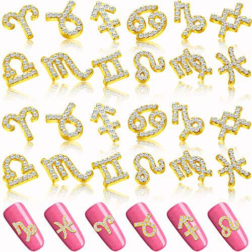 24 Pieces Zodiac Nail Charms 3d Nail Art Charms Rhinestone Zodiac Nail Charms DIY Pendant for Jewelry Making Nail Decorations Necklaces Supplies (Gold)