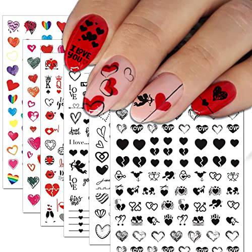 TailaiMei Valentine’s Day Nail Stickers, 12 Sheets Self-Adhesive Nail Art Decals for DIY Nail Decorations, Black Design for kiss Love Hug (Heart Style)