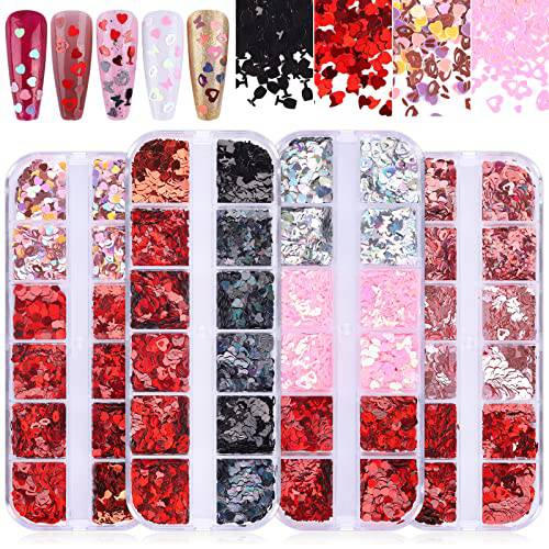 48 Grids Holographic Heart Nail Art Glitter Sequins, Kalolary Laser Heart Butterfly Lips Shape Confetti Glitter Flakes for Valentine’s Day Makeup DIY Nail Art Resin Craft