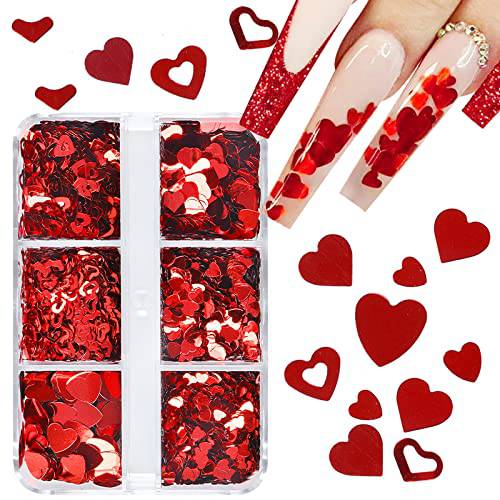 Nail Art Heart Glitter Red Holographic Sparky Mixed Heart & Hollow Heart Shaped Sequin Various Size Nail Decal Flakes for Woman Girls Nail Design Face Body Decoration.