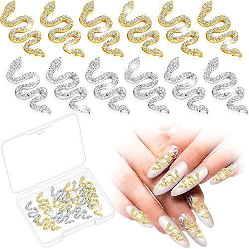 12 Pieces 3D Nail Charms Snake Nail Art Charms 3D Nail Rhinestones Metal and Diamond Gems Snake Wave Crystal Rhinestones Nail Decoration Craft for Nail Art Accessories (Gold, Silver)