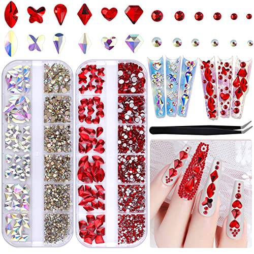 EBANKU AB Red Nail Rhinestones Gems Flat Back Nail Diamonds for Nails Hearts Butterfly Round Shaped Nail Art Crystals with Tweezers for Valentine’s Day(AB Red Diamonds)