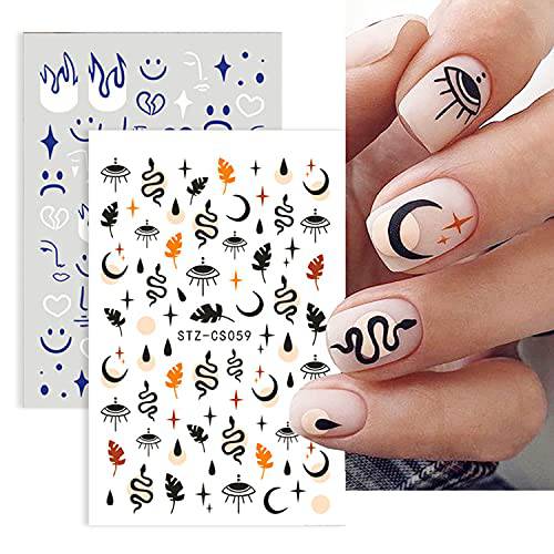 Starlight Nail Art Stickers Decals Nail Accessories Decorations 3D Snake Nail Stickers Leaf Star Fire Black Decals Nail Art Decoration DIY Adhesive Sliders Manicure Autumn Design (A)