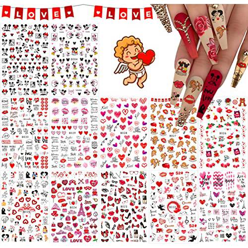 10 Sheets Valentine’s Day Nail Art Stickers 3D Valentines Nail Decals Self-Adhesive Nail Designs Love Heart Kiss Rose Angel Cupid Red Lips Nail Stickers for Valentines Nail Decorations