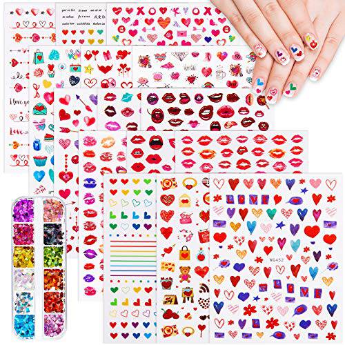 15 Sheets Valentine’s Day Nail Stickers Self-adhesive Nail Decal Heart Lips Design Nail Art Sticker and 12 Colors Nail Art Heart Glitter Sequins Holographic Nail Sequin for Valentine’s Day Decoration