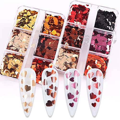 2 Boxes Heart Nail Art Glitter Valentine’s Nail Art Glitter 3D Holographic Sparky Heart Nail Sequins Metallic Color Heart Flakes Acrylic Nail Supplies Love Design Valentine’s Day DIY Decoration