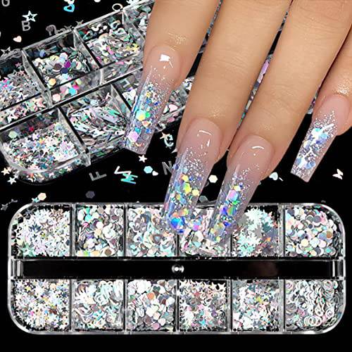 Heart Nail Art Glitter Sequins, 3D Holographic Heart Nail Art Flakes 12 Grids Laser Silver Star Heart Nail Glitter Decals Shiny Nail Confetti for Acrylic Nails Manicure DIY Valentine Nail Decorations