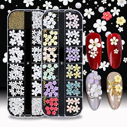 WOKOTO 2Box Flower Nail Charms 3D Flowers For Nails White Flower And Colorful 3D Nail Flowers Charms For Nail Art 3D Flowers Nail Jewelry For Acrylic Nails Nail Pearls For Nail Art Accessories