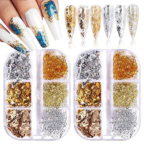 12 Grids Nail Art Foil Flakes Gold Silver, EBANKU Sparkly Gold Silver Irregular Nail Foil Metallic Foil Flakes, Holographic Nail Foil Glitters for Acrylic Nail Art Designs DIY Craft