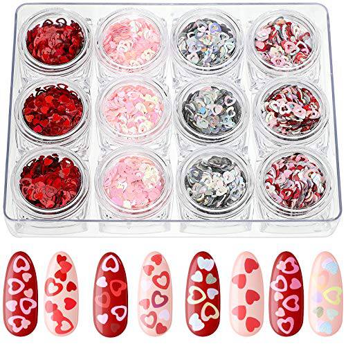 12 Boxes Valentine’s Day Nail Glitter Heart Nail Sequins Holographic Red Pink Heart and Hollow Heart Nail Decals for Women Girls Makeup Nail Decoration (Vivid Color,Heart Style)