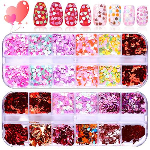 EBANKU Valentine’s Day 24 Grids Nail Art Sequins, Nail Foil Flakes Glitter Nail Sequins Confetti Red Irregular Glitter Acrylic for Nail Decoration