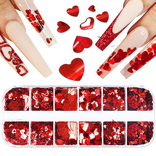 Valentines Day Holographic 3D Heart Wedding Nail Art Charms Glitter Sequins Set - Nail Sequins Paillettes Sparkle for Nail Art Decoration